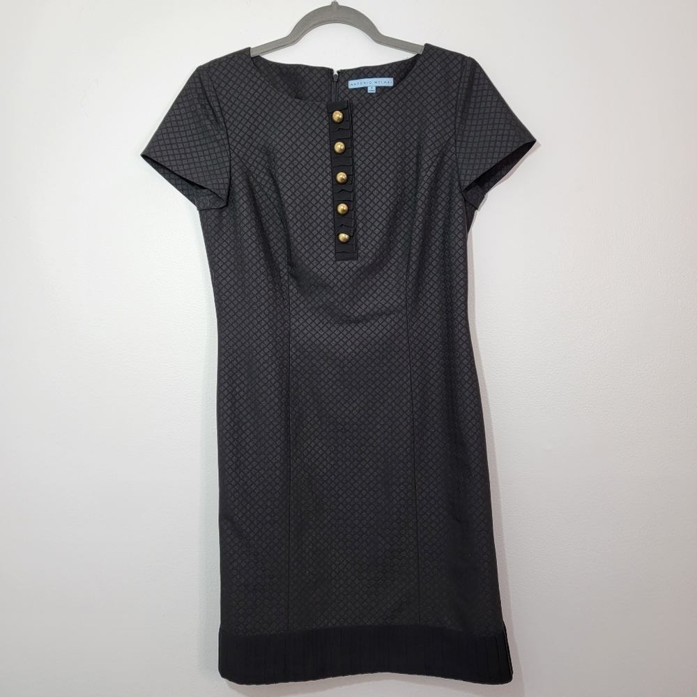 Antonio Melanie Black Diamond Pattern Gold Button Pleated Lined Shift Dress